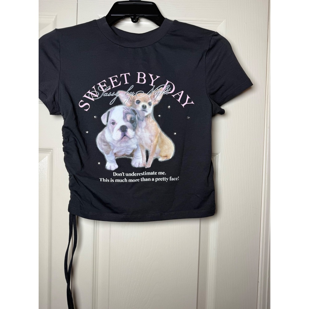 Bershka Womens Dog Graphic Ruched Side Crop Top Tee Charcoal Grey Size Medium
